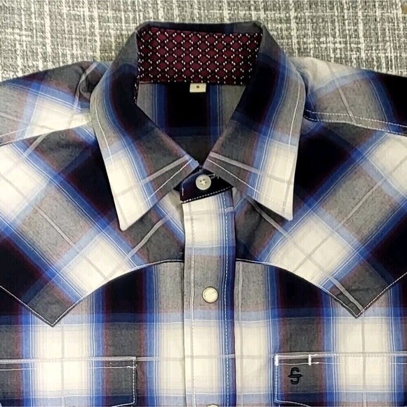 Stetson Western Shirt Ombre Plaid Blue Red Black Model 11-001-0478-1032 Men's S - Picture 3 of 14